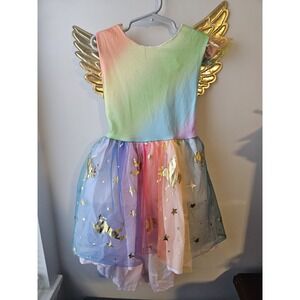 Girls 4-5T Rainbow Unicorn Angel Costume Dress w/ Gold Wings Foil Stars